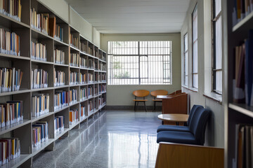 Modern prison library with bookshelves and seating area