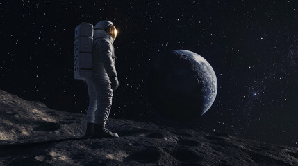 Astronaut standing on the moon, looking at Earth in the distance, representing space exploration.