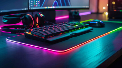 A vibrant gaming setup featuring a mechanical keyboard, mouse, headphones, and dual monitors illuminated by RGB lighting.