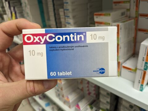 Prague,Czech Republic-August 7 2024: OXYCONTIN box of medication with OXYCODONE active substance by PURDUE PHARMA,used for treatment of chronic pain

