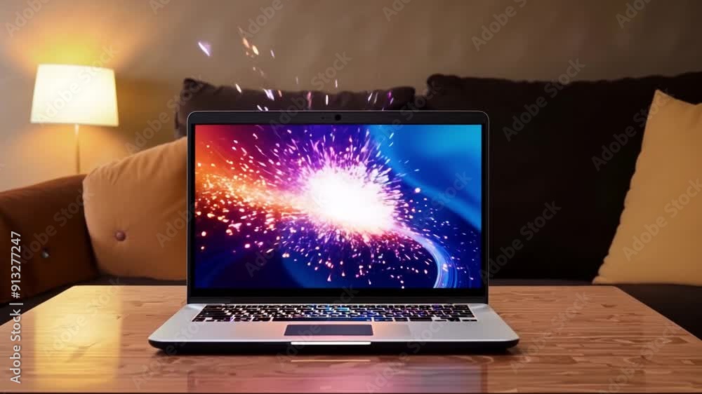 Poster a laptop is open on a wooden table in front of a couch. the laptop screen is displaying a colorful a