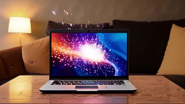 A laptop is open on a wooden table in front of a couch. The laptop screen is displaying a colorful and dynamic image, possibly a video or a game. Concept of relaxation and leisure