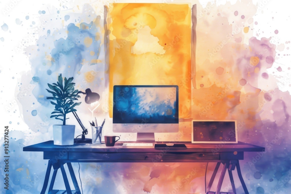 Poster a modern office desk with a computer and other equipment, suitable for use in business or home offic