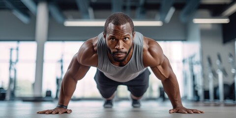 A bodybuilder doing push ups at the gym