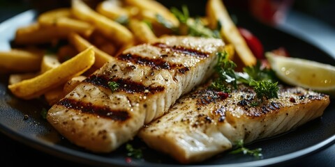 Plate of grilled fish and chips