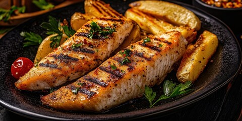 Plate of grilled fish and chips