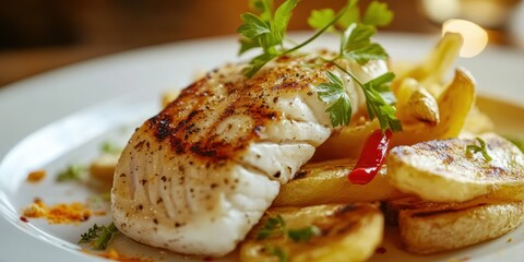 Plate of grilled fish and chips