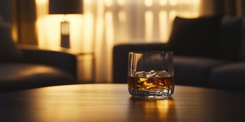 A glass of whiskey on the rocks at the table