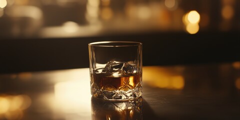 A glass of whiskey on the rocks at the table
