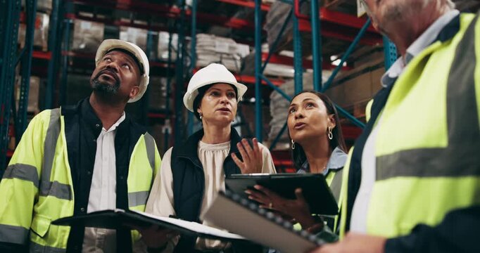 Discussion, meeting and business people in warehouse with paperwork, tablet and teamwork for planning. Logistics, men and women as managers with document, inspection and checklist for stock inventory