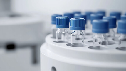 Close-up of vaccine vials in a lab setting, showcasing scientific research and medicine.