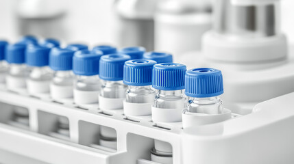 Close-up of vaccine vials in a lab setting, showcasing scientific research and medicine.