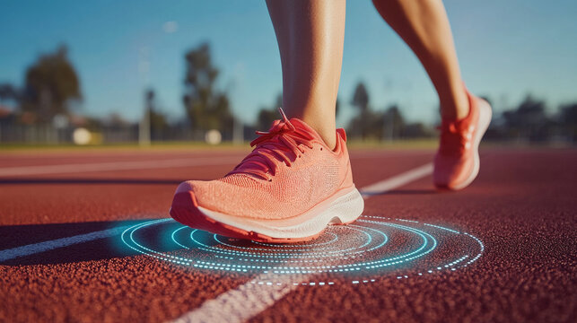 Close-up of a runner's feet on a track with a digital overlay, highlighting sports technology.