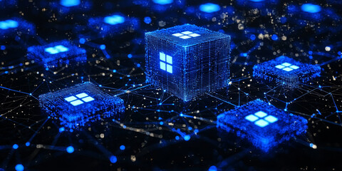 Abstract blue geometric shapes with glowing lines on a dark blue background, concept of digital technology