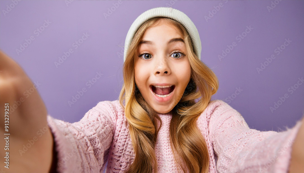 Poster Young girl caught in winter attire taking a selfie on purple background