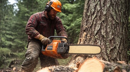 A man in work gear uses a chainsaw to fell a tree in a dense forest, surrounded by greenery and fallen logs.