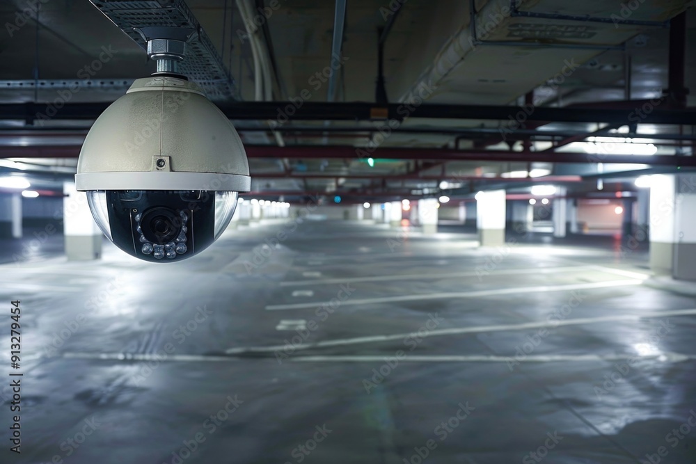 Poster security camera installed in a parking garage, providing clear visibility and monitoring