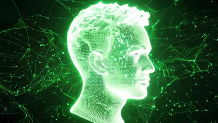 A green head against a green background, spinning as a hologram. Ideal for showcasing futuristic and digital themes with a vibrant, monochromatic look. - Powered by Adobe