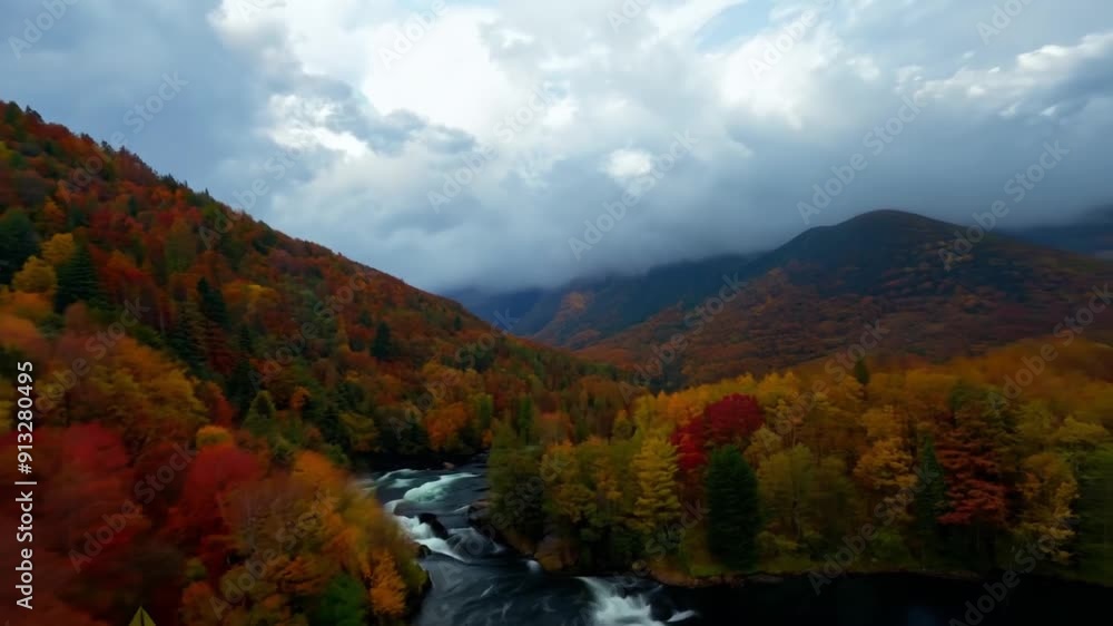 Poster a beautiful autumn landscape with a river running through it. the trees are full of vibrant colors, 
