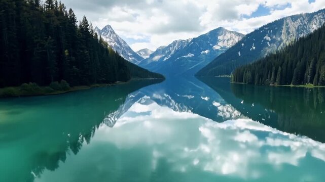 A beautiful mountain lake with a rocky shoreline. The water is clear and calm, and the mountains in the background create a serene and peaceful atmosphere