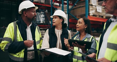 People, documents and warehouse with teamwork, tablet and communication for inventory. Checklist, group or employees with paperwork, tech or industry with collaboration or storage management - Powered by Adobe