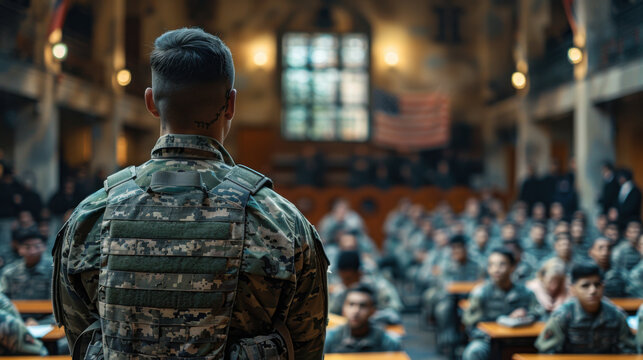 A military instructor addressing a classroom of cadets, emphasizing training, discipline, and education in a military setting. - Powered by Adobe