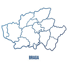 Braga district with municipalities map. Abstract smooth blue gradient linear vector