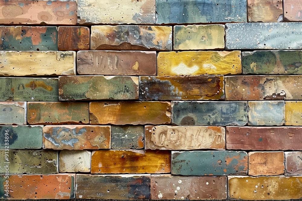 Poster staggered arrangement of colorful rectangular tiles showcasing a unique brick pattern in an urban en
