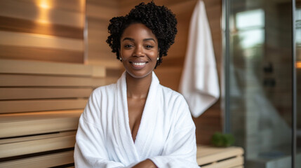 Fototapeta premium African-American woman in a sauna, wrapped in a white towel, smiling contentedly.