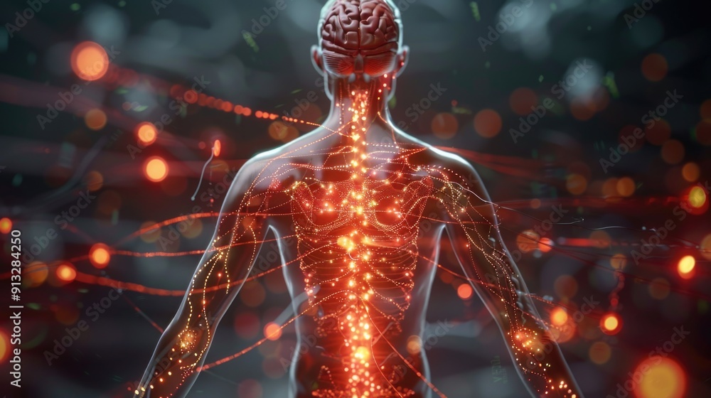 Poster a surreal image of a person with a bright, pulsing brain in their chest