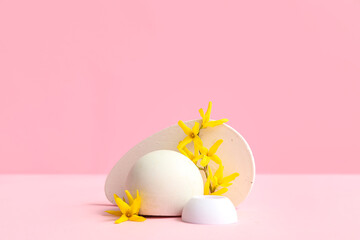 Decorative podiums and beautiful flowers on pink background