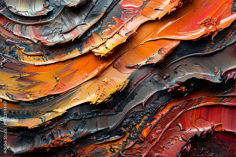 Poster rich layers of vibrant colors create a dynamic texture reminiscent of a sunset. generative ai