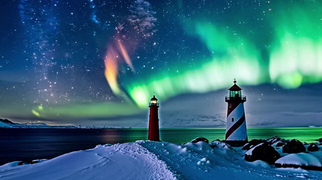 A lighthouse and a body of water with a beautiful aurora borealis in the sky
