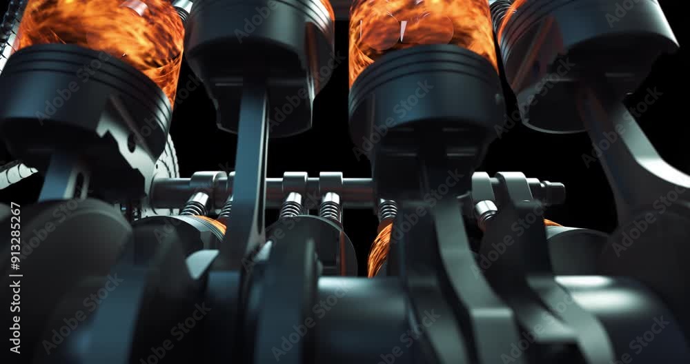 Poster inside of v8 car engine. pistons, chains and crankshaft moving. industry related high quality 3d 4k 