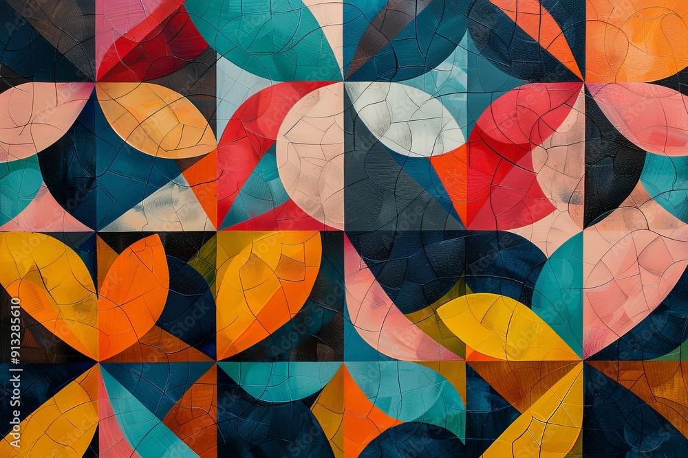 Poster bright geometric patterns create a vibrant burst of color on a textured background. generative ai