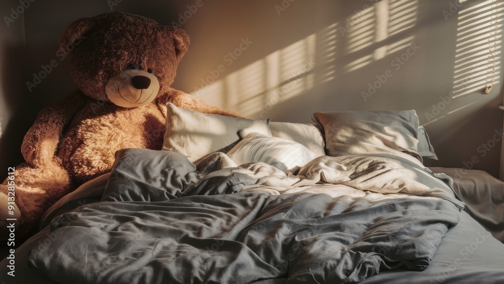 Canvas Prints A teddy bear sitting on a bed next to an unmade bed, AI