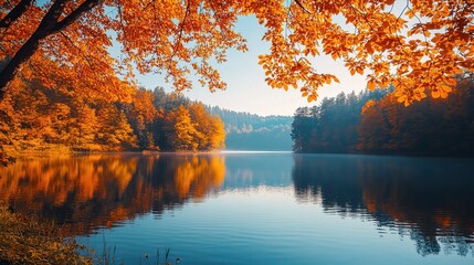 Autumnal Lake Reflections: Captivating autumn landscape features vibrant foliage with leaves in warm hues of gold and orange, casting a mirror image on tranquil lake waters.