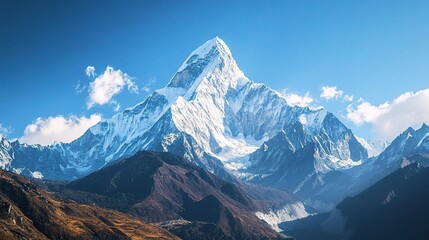 Fototapeta premium Majestic Peak: A breathtaking view of a snow-capped mountain peak against a vivid blue sky, showcasing the raw beauty and grandeur of the natural world.