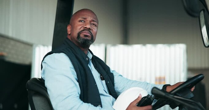 Stress, man and logistics worker in forklift for goods transportation with stock crisis or mistake. Upset, burnout and African male supply chain distributor in vehicle at warehouse for cargo freight.