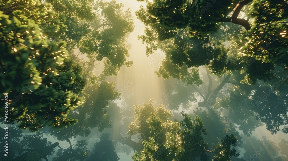 Poster a serene scene with sunlight shining through the treetops in a dense forest