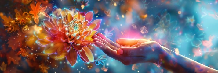 A hand holding a bunch of flowers with a blue background. The flowers are pink and white. The image has a calming and peaceful mood