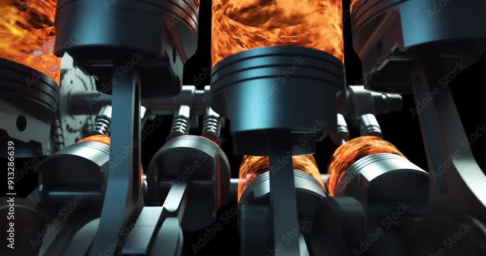 Poster close up powerful v8 engine pistons. explosions in combustion chamber. industry related high quality