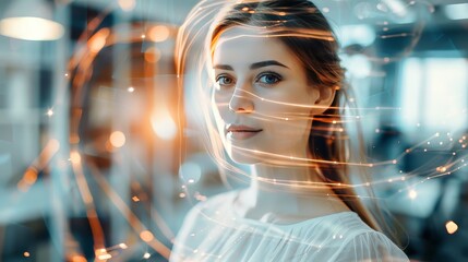 Fototapeta premium A woman with long hair is standing in front of a blurry background