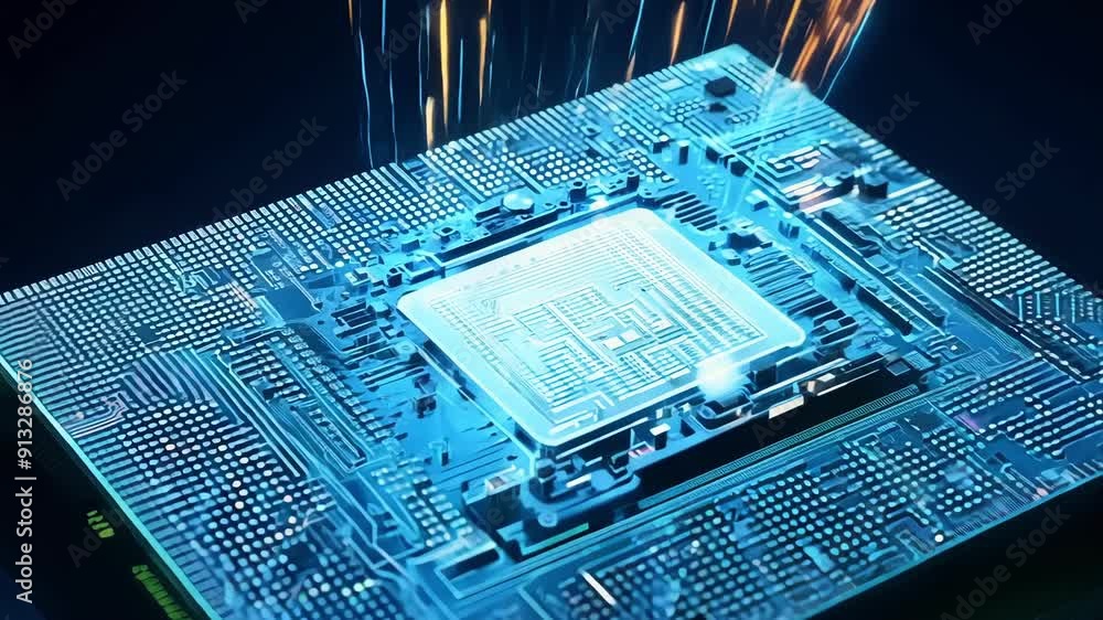 Poster a close-up view of a sleek microprocessor highlighted against a dark backdrop, emphasizing its intri