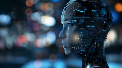 A woman's face is projected onto a city street, surrounded by lights and a blurry background. Concept of futuristic technology and the idea of a person merging with the urban environment