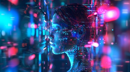 A face made of light and color is shown in a blurry, abstract style. Concept of movement and energy, as if the face is in motion or about to burst into life. The use of bright colors