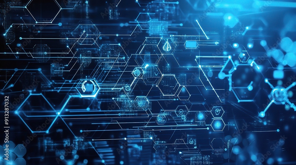Poster digital network: an intricate web of interconnected circuits and glowing lines represents the comple
