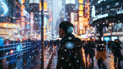 A man is standing in front of a window with a city view