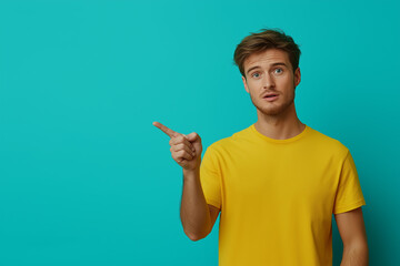Fototapeta premium A man in a yellow shirt pointing to the side against a turquoise background, offering ample copy space for various concepts.