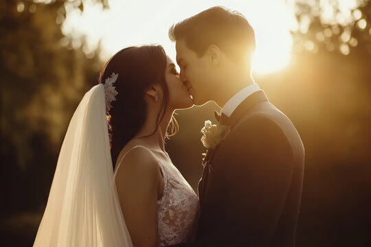 A bride and groom sharing a kiss at sunset, with the sunlight creating a warm and romantic atmosphere on their wedding day.